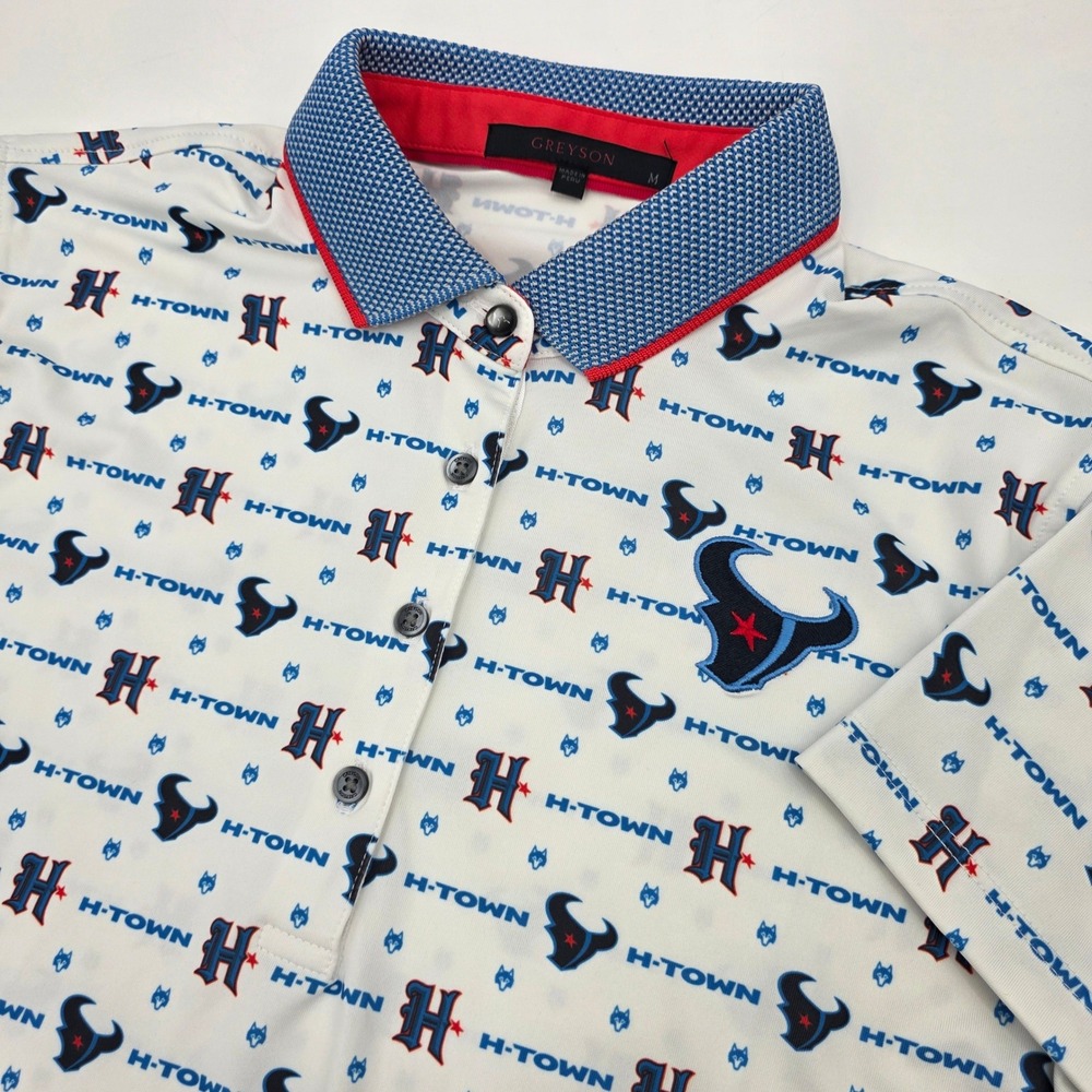GREYSON HOUSTON TEXANS GOLF POLO WOMENS MEDIUM NFL ALL OVER PRINT LOGO FOOTBALL